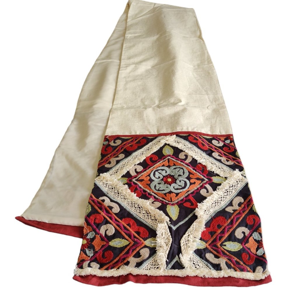 Pier 1 Linen Table Runner With Multi Colored Tuscan Floral Ends 13" x 108" New